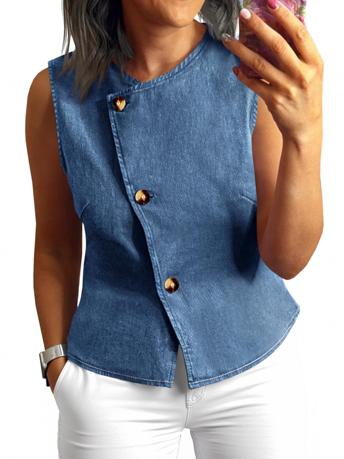 Tankaneo Women Denim Vest Tops Button Down Sleeveless Fitted Jean Tank Tops Trendy Casual Waistcoats