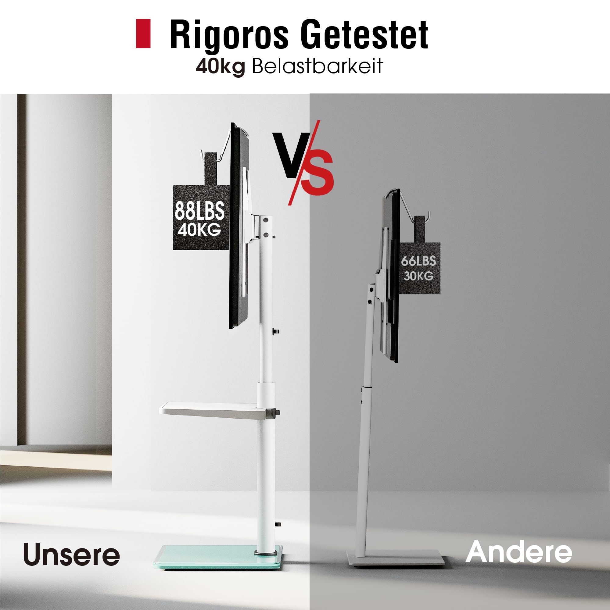 AOKCOS TV Ständer TV Bodenständer für 32-70 Zoll Fernseher bis zu 40 KG, TV Standfuß mit 2 Stufigen Ablagen, Fernsehstand Höhenverstellbar Schwenkbar Neigbar, Max. VESA 400x400mm (Weiß)
