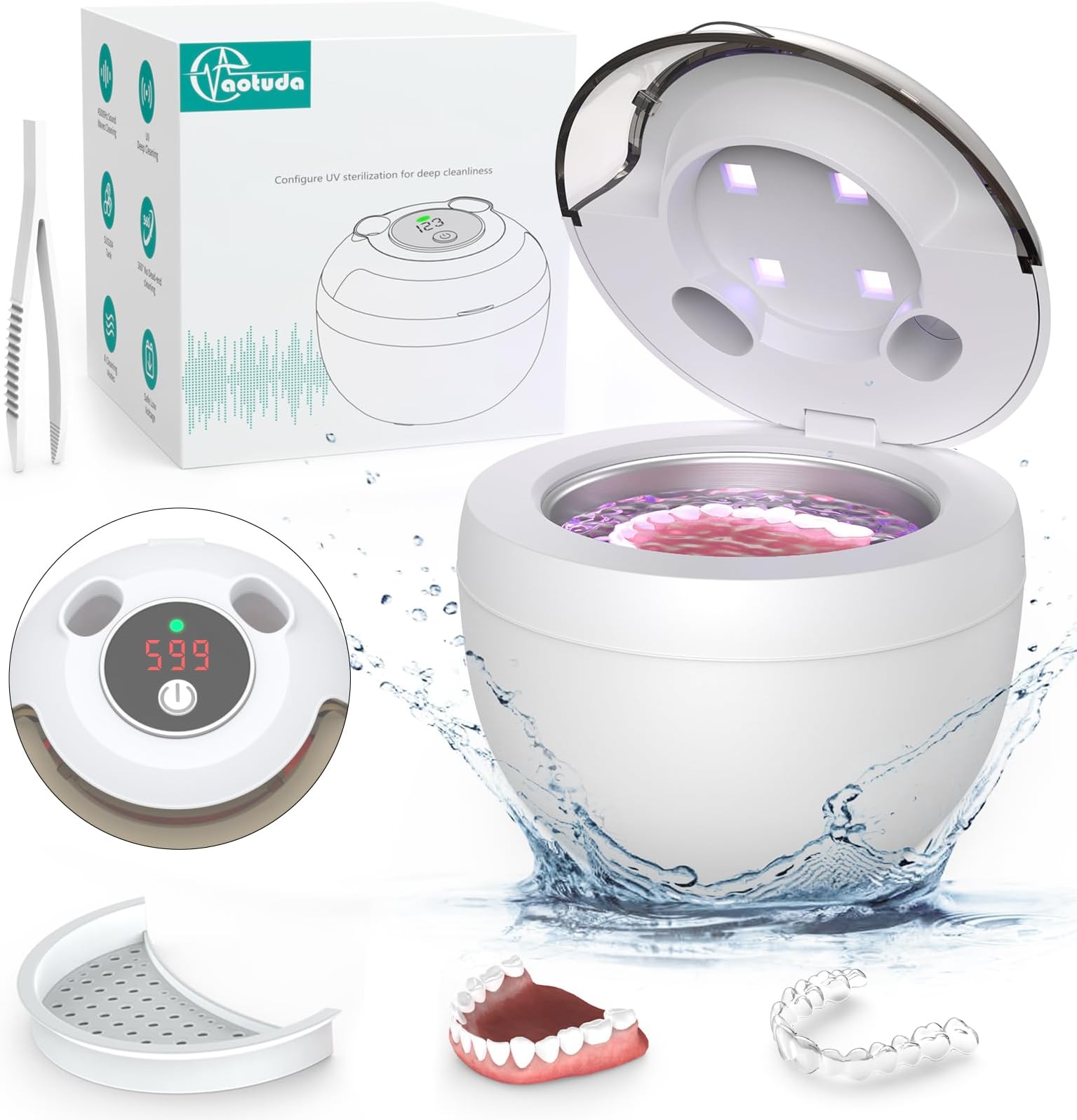 Aotuda 45kHz Retainer Cleaner Machine, 200ML Ultrasonic Dental Cleaning Pod with 4 Modes, Digital Timer, Mouth Guard Cleaner for Denture, Aligner, Braces, Toothbrush, Jewelry and More (White)