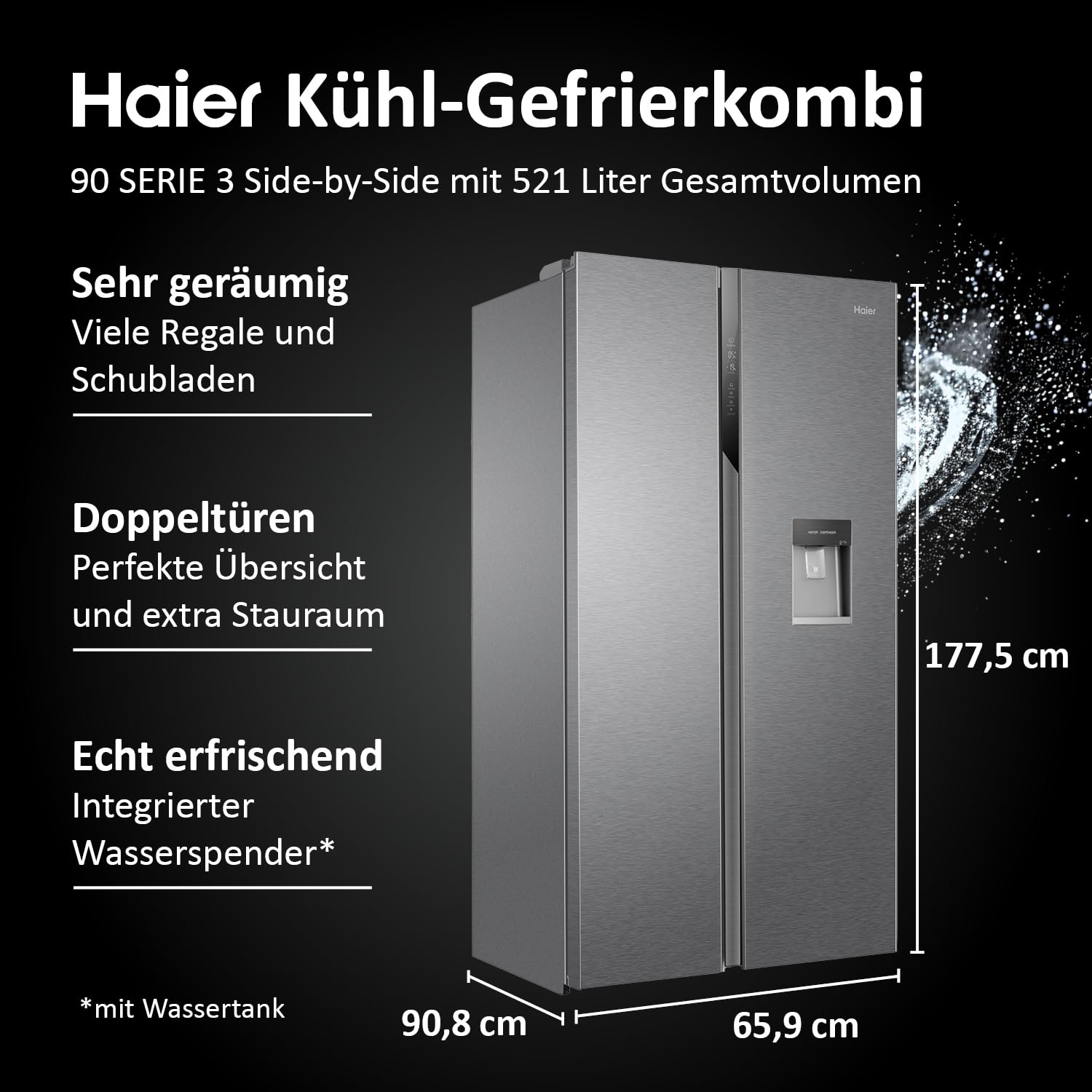 Haier Side-by-Side Kühl Gefrierkombination HSR3918EWPG, freistehend, No Frost I 177,5 x 90,8 x 65,9cm I Side by Side Kühlschrank mit Wassertank, ohne Wasseranschluss I Kühlschrank Side by Side, 521 L | Freistehend, No Frost, 177,5 x 90,8 x 65,9cm, Side by