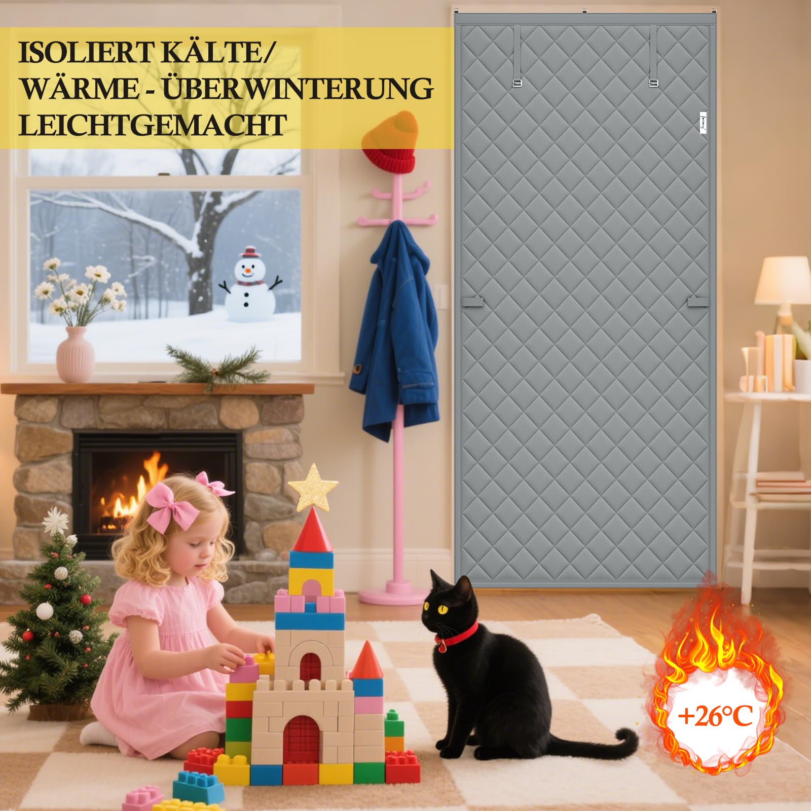 fowong Einfacher Wärmeschutzvorhang für Türen 110x220cm, Neu Vollständiger Thermo Isoliert– Praktisch aufgerollt mit Bindeband,|Winddicht und Energiesparend | Kälteschutz im Winter, Grau