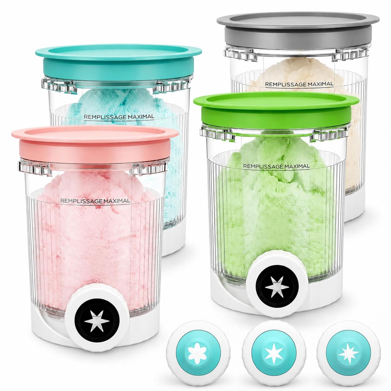 4 Pack Creami Tubs Pints with Lids Compatible with Ninja CREAMi Swirl NC701UK NC700UK NC701 Series, 16oz Ice Cream Containers with 7 Soft Serve Swirl Nozzles, BPA-Free & Dishwasher Safe