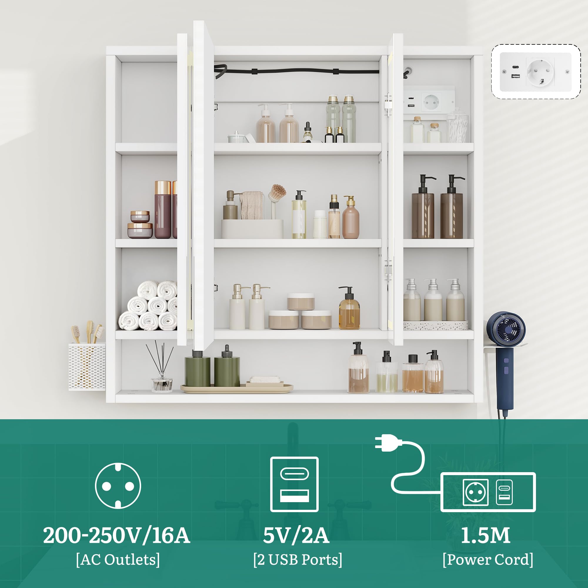 YITAHOME Spiegelschrank Bad LED 3 Türen Steckdose Wandschrank 80cm | LED-Licht für Make-up & Pflege, 2 Steckdosen + 2 USB für Föhn & Zahnbürste, 3 Spiegeltüren mit Stauraum, Beleuchtung