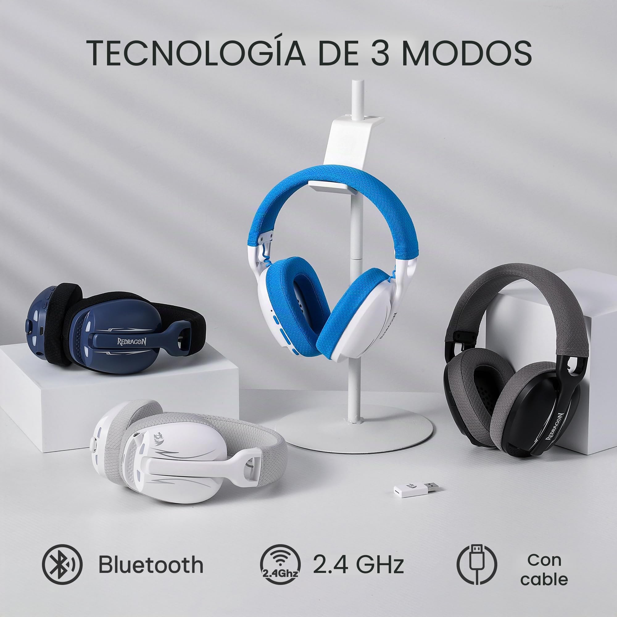 Redragon H878 Auriculares Gaming Inalámbricos 3 Modos 7.1 Blanco Azul | Iluminación Azul Sonido Surround 7.1 Controladores 40MM Micrófono Desmontable PC PS5 Móvil
