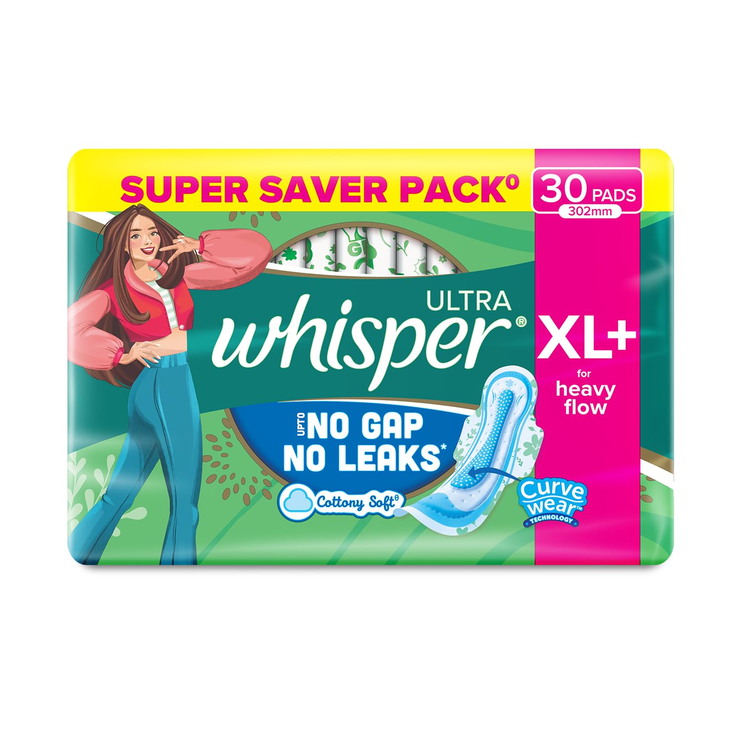 Whisper Ultra Clean Sanitary Pads for Women, XL+ 30 Napkins