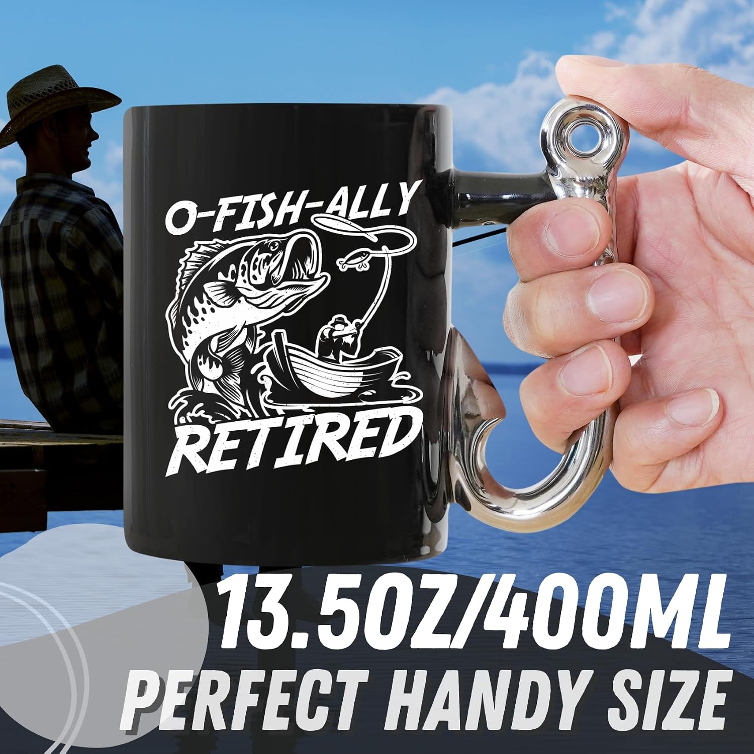 Onebttl Retirement Gifts Fishing Coffee Mug, Retired Fisherman Gift for Fishing Lovers, 13.5oz/400ml Funny Retirement Mug for Christmas, Father's Day