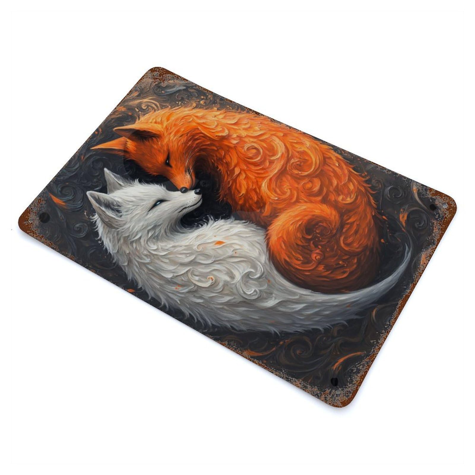 Loving Japan Foxes Vintage Wall Sign 11.8"x7.9", Rust Effect Metal Decor for Basement, Hobby Room And Garage Decor