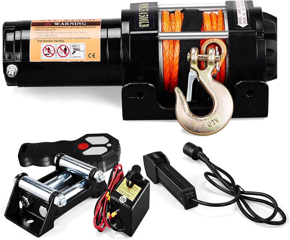 4500lb Electric Winch with Synthetic Rope, 12V DC | ATV UTV Winch, Wireless Handheld Remote and Corded Control, IP67 Waterproof, For Off-Road Recovery, Towing,Boat