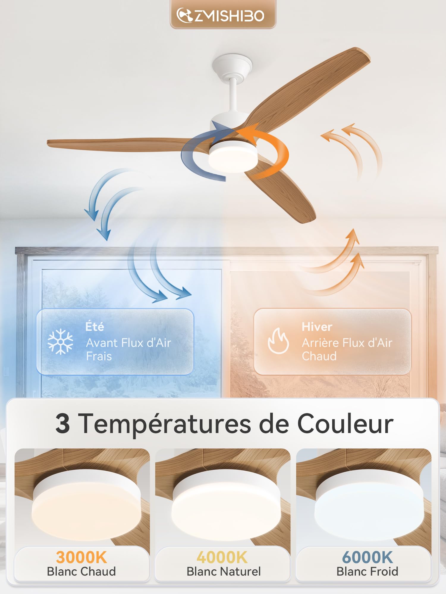ZMISHIBO Ventilateur de Plafond avec Lumière 132 cm, Moteur DC Silencieux, 3 Températures de Couleur, 6 Vitesses, Mode Été/Hiver, Télécommande
