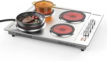 Karinear 24 inch Electric Stainless Steel Cooktop, 5200W Electric Hob for Cooking, Built-in and Countertop Ceraminc Stove Top with 4 Burners, Knob Control, 16 Power Levels, 220-240V, No Plug