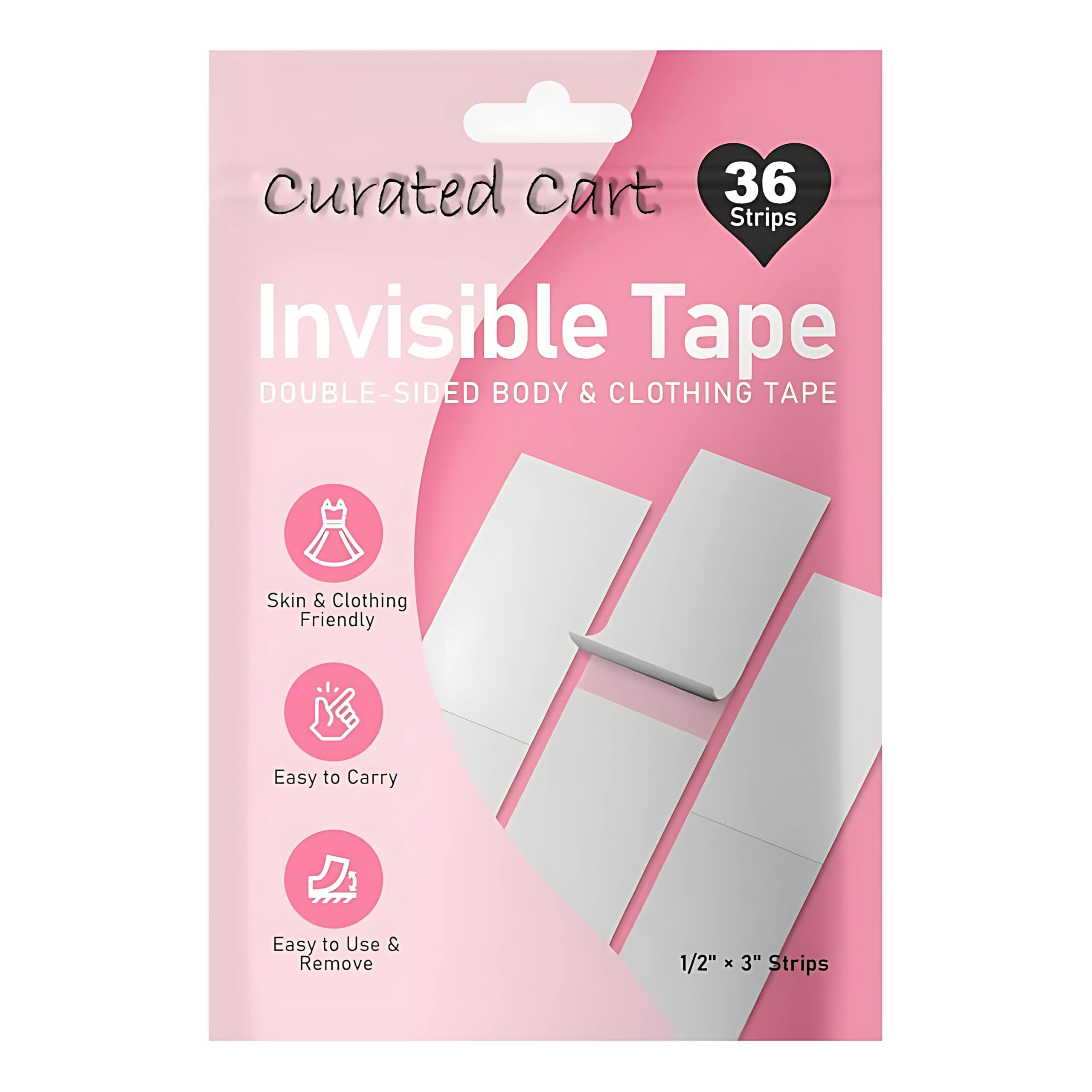 CURATED CART Double-Sided Fashion Tape for Clothes, Pack of 36 Invisible Adhesive Body Tape for Women, Strong & Waterproof, Skin-Safe, Clear Fabric Tape for Dress, Bra, Backless & Strapless