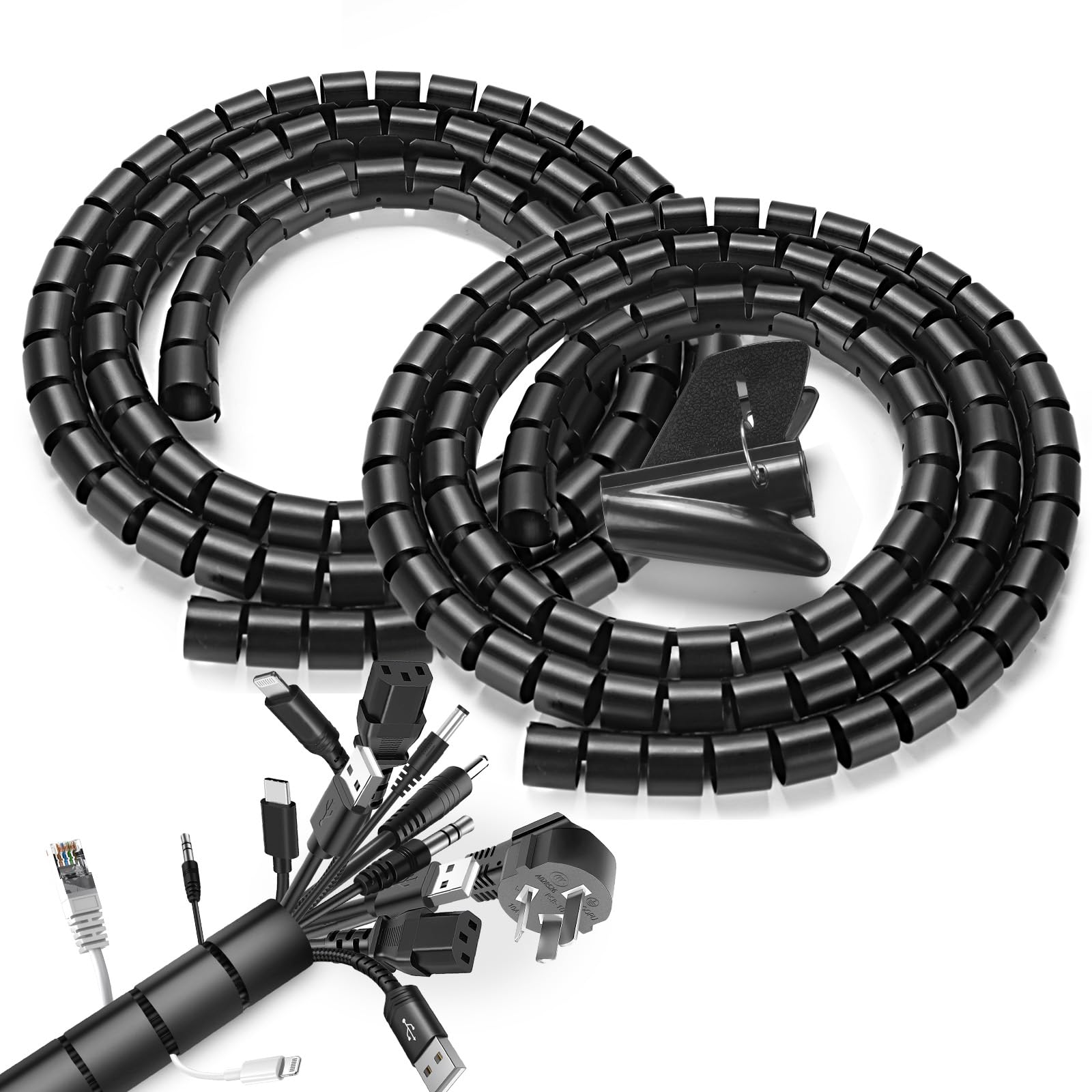 Romon 2 Pezzi Raccoglicavi Spiralato, 22mm*1.5 M Flessibile Raccogli Cavi, con 1 Fermaglio Guidafilo, Copri Cavi Elettrici per TV Computer Ufficio Casa Auto,Nero