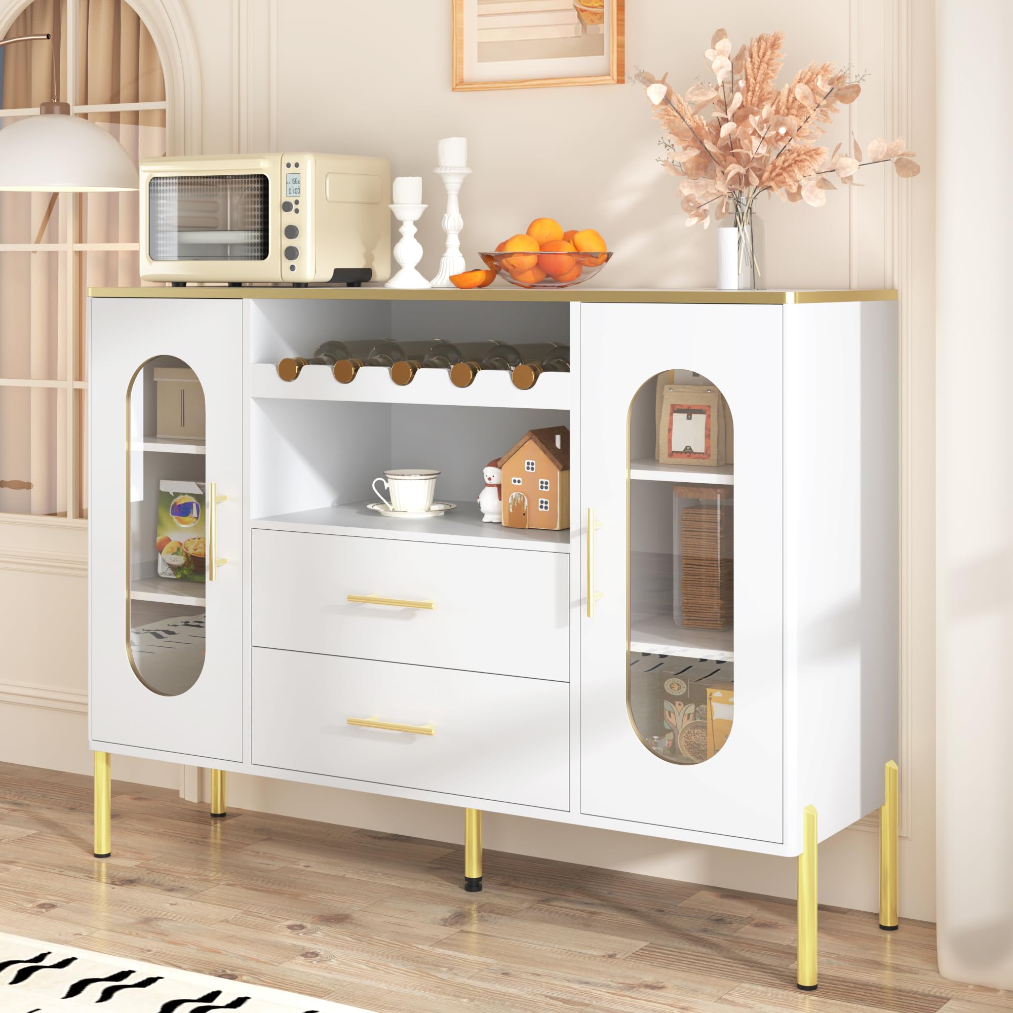 Credenza 120 cm Con Ripiani Interni Regolabili, Ante In Vetro E Cassetti, Buffet Con Portabottiglie Integrato, Mobile Elegante Per Soggiorno Ed Esszimmer