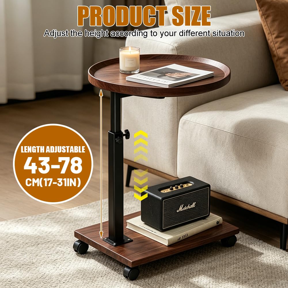 Mesa auxiliar giratoria de 360 grados, mesa auxiliar con ruedas, altura ajustable 45 – 80 cm, mesa de sofá en forma de C, mesa de centro redonda pequeña para sofá, cama y oficina en casa