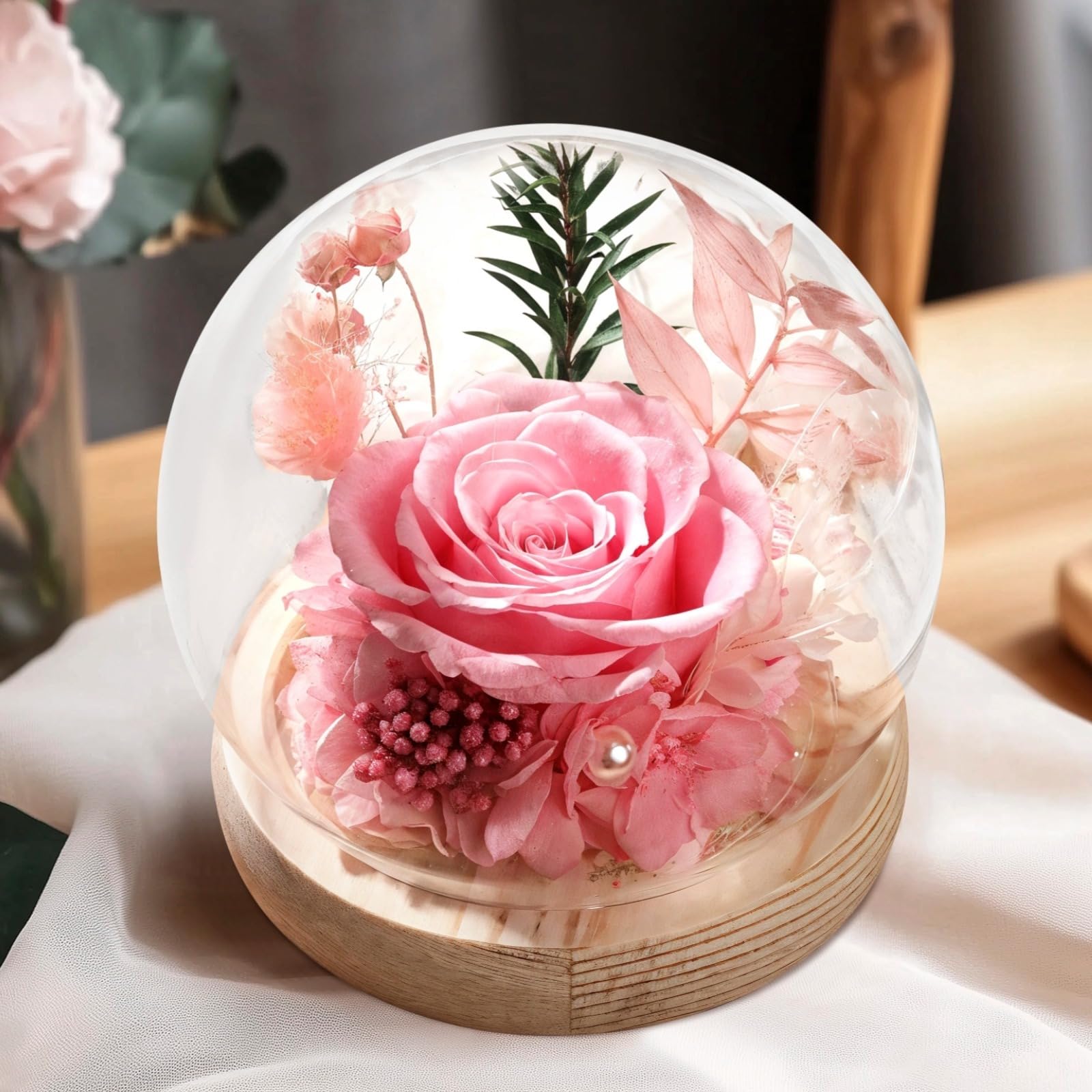 Decorazione floreale reale conservata con cupola in vetro e base in legno, rose eterne per San Valentino, Natale, compleanni e anniversari, regalo romantico, decorazione da scrivania per la casa per