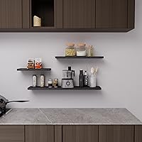 Vista 7 de Estantes flotantes de pared de madera maciza, almacenamiento para dormitorio, sala de estar, juego de 3, estantes de pared negros rústicos