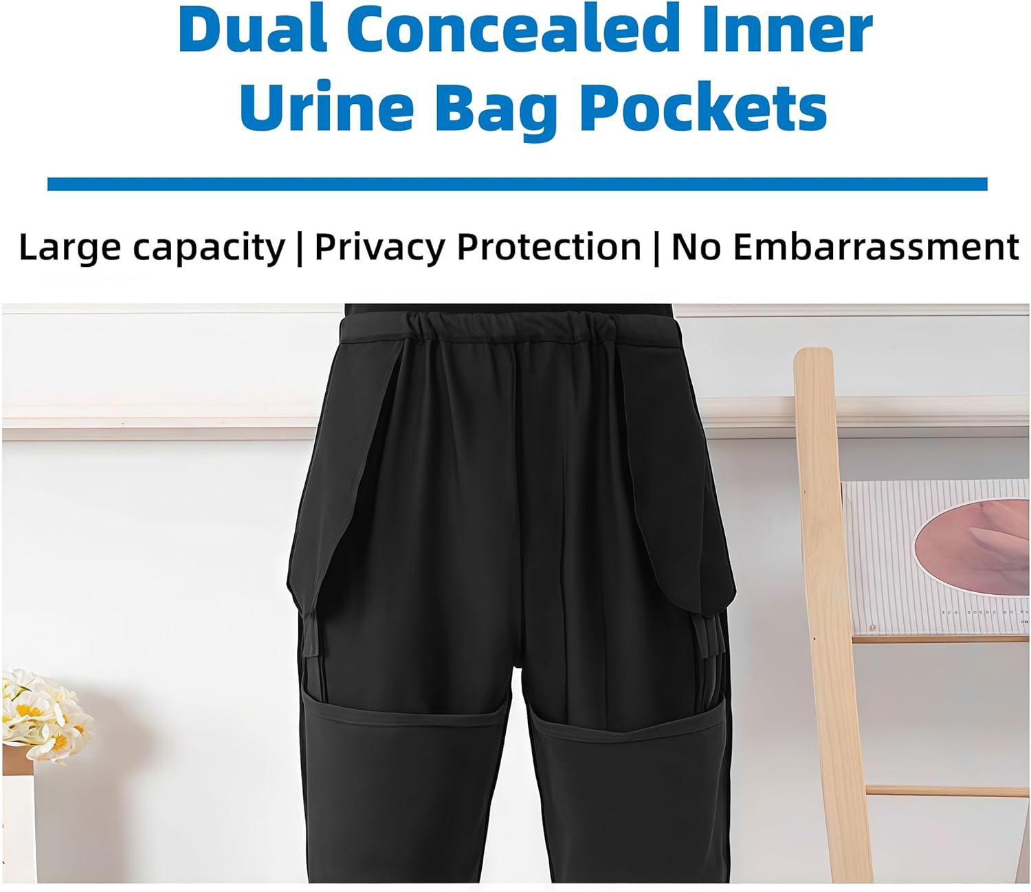 Catheter Pants for Men/Women, Nephrostomy Bag Holder Pants, Urine Bag Holder Pants with 2 Zippered Inner Pockets, Urinate Drainage Bag Pants for Cystostomy, Enterostomy, Urostomy Patients (Black, L)