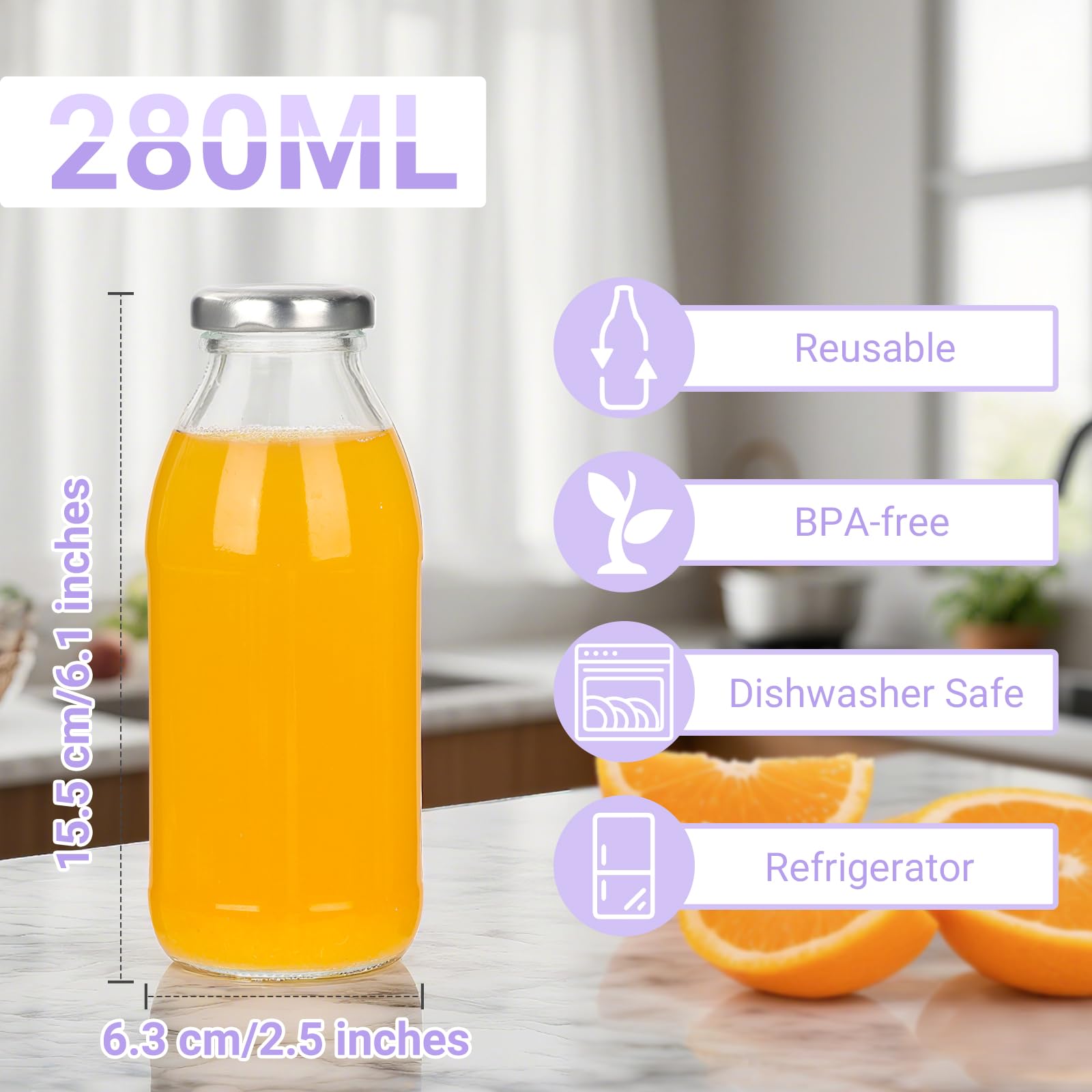 Bottiglie in vetro da 280 ml con coperchi ermetici, confezione da 4 barattoli riutilizzabili per spremere latte, frullati e acqua