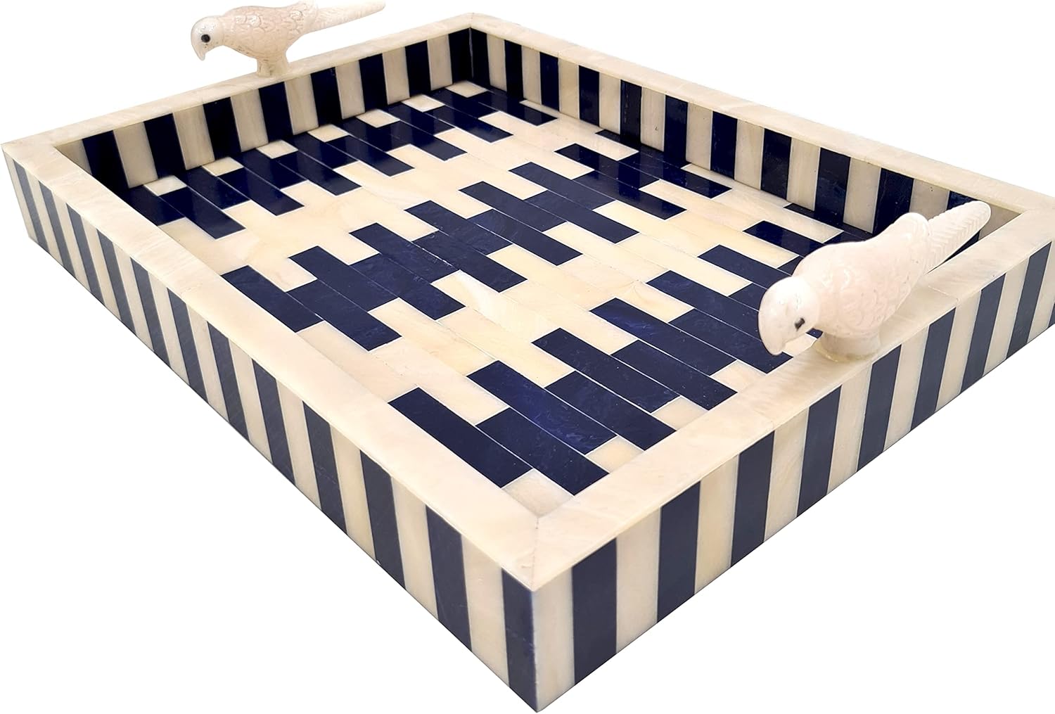 Epoxy Resin Vanity Tray 12x9 Blue White –Decorative Bathroom Organizer with Parrot Handles for Makeup Perfume Jewelry Entryway Countertop Décor
