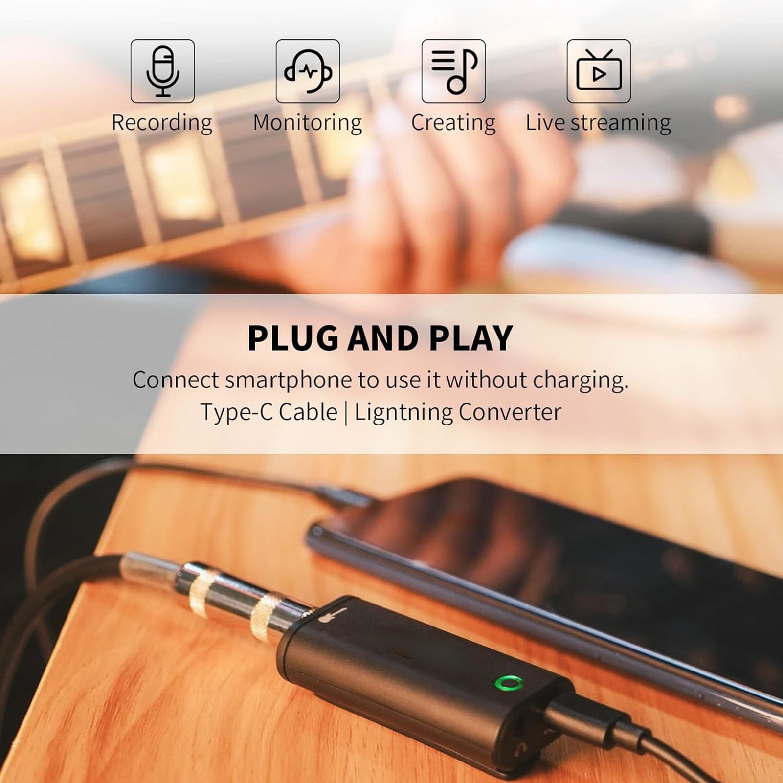Interfaccia Audio CAB per Chitarra, Scheda Audio di Registrazione Interna Tascabile con Tipo C per Smartphone e Tablet, Nessun Driver Necessario