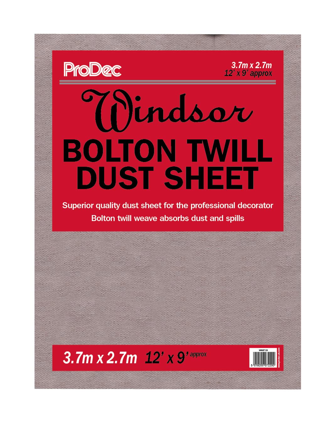 ProDec Windsor 12' x 9' Premium Quality Bolton Twill High Density Woven Cotton Dust Sheet For Covering Floors and Furniture