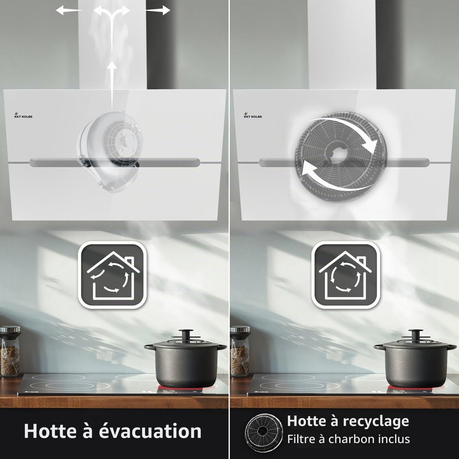 KKT KOLBE Hotte aspirante murale ECCO9005WM, 90 cm, sans tête | 782 cbm/h, évacuation et recirculation, verre blanc, éclairage LED RGBW, application WiFi intelligente, Wi-Fi