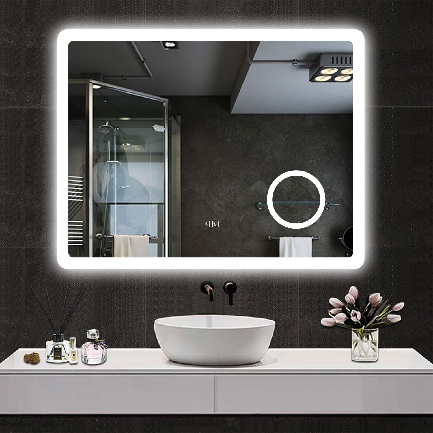 Skybathroom 900x700mm Illuminated LED Bathroom Mirror with Bluetooth Speaker 3X Magnifier,Shaving Socket，3 Colors Dimmable Brightness, Smart Memory Function,Anti-fog