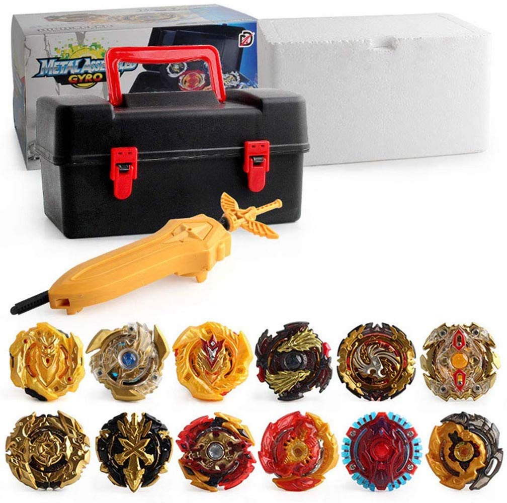 Netoke Toupie 10 En 1 – Gyros Burst Turbo 4D – Set De 10 Toupies + 5 Accessoires + Autocollants – Boîte De Rangement – Or