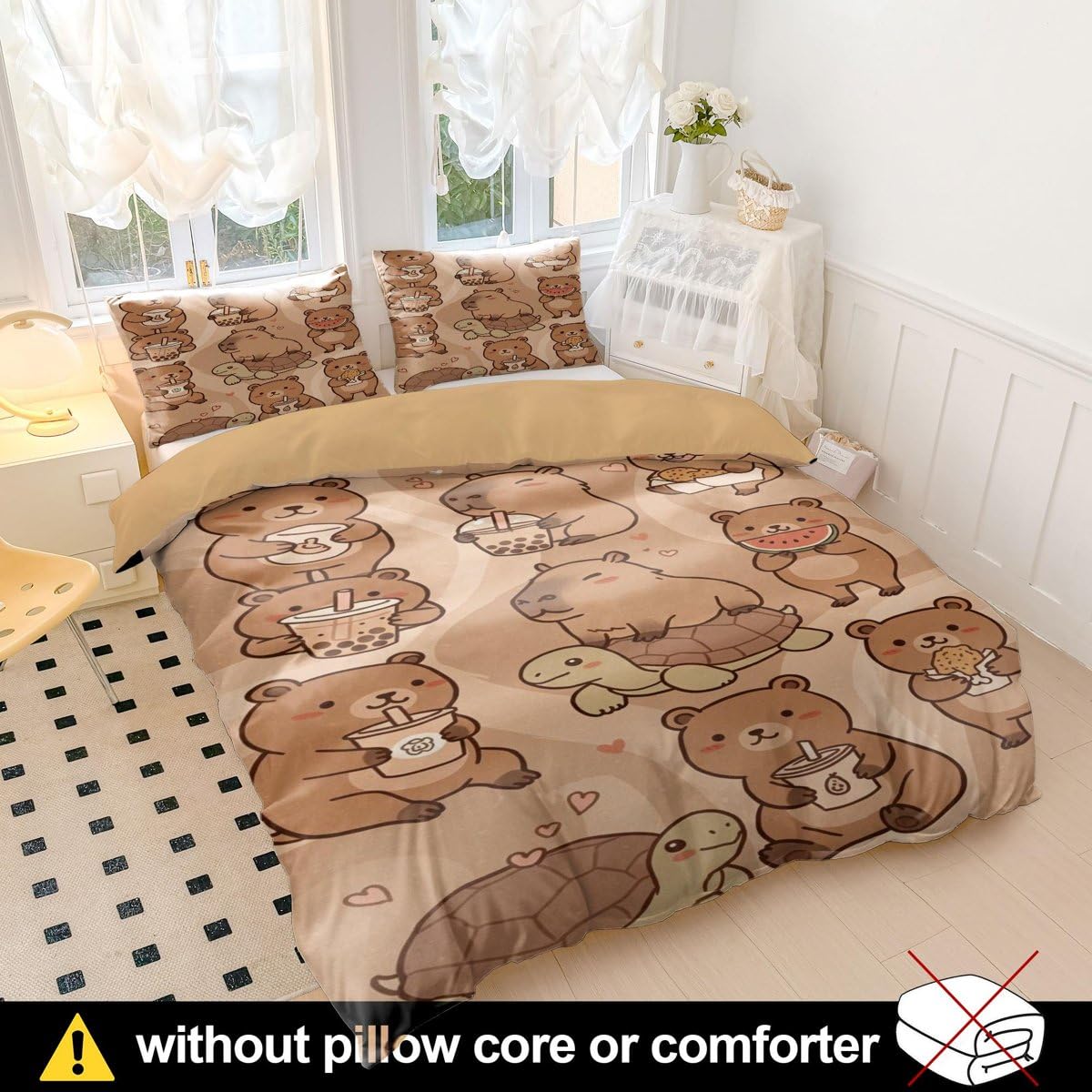 Copripiumino con motivo capibara con stampa di corone e nuvole, in morbida microfibra, per bambini, ragazze e ragazzi, decorazione per camera da letto a tema capibara divertente (stile 1, singolo, 135