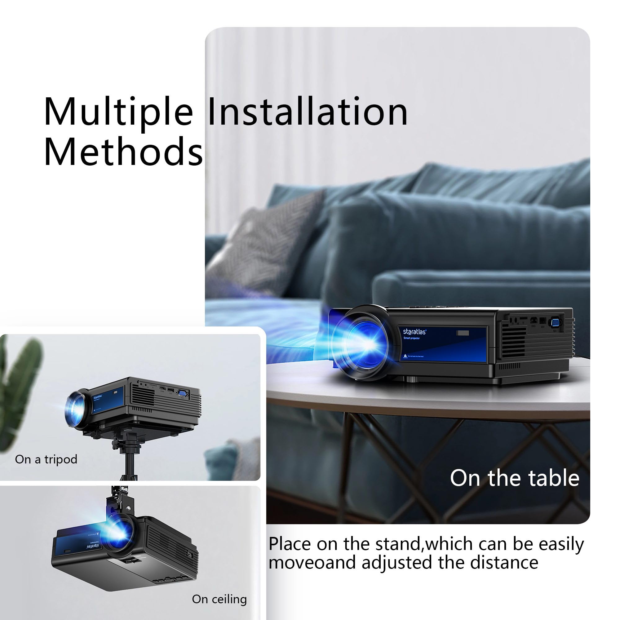 Mini Projector ,5G Wifi Bluetooth Projector,Staratlas 12000L Native 1920*1080 P Video Projector, Outdoor Projector , Home Theater Compatible With HDMI/USB ,for Portable Movie Video (Black-Blue