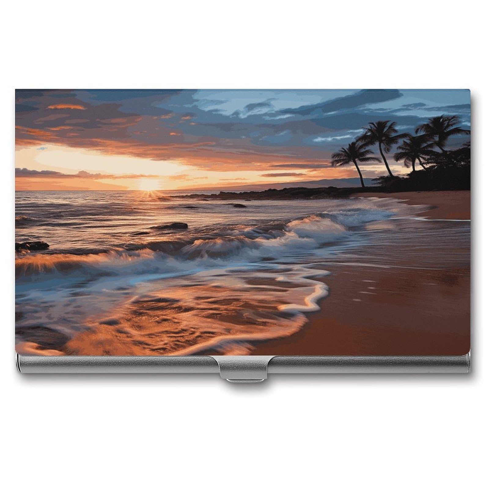 Lzqpoeas Men's Style Beach Maui Hawaii Sunset Sea Waves Clouds Business Card Holder Aluminum Alloy Flip Cover Slim Name Cards Case Lightweight Business Name Card Holder Case Portable Purse Name Cards Holder