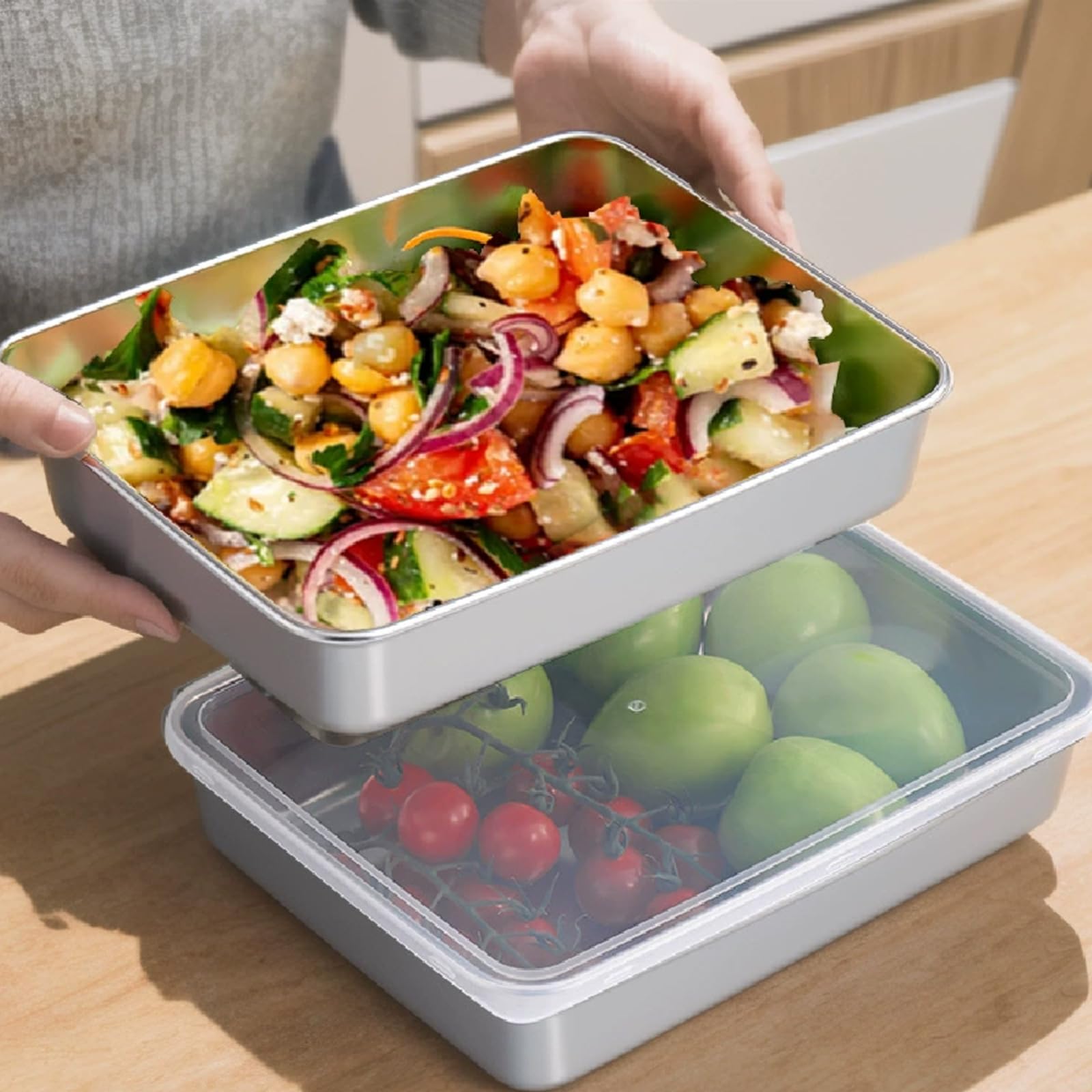 Contenitori per Alimenti in Acciaio Inox con Coperchio: 3 Pezzi 25×20×5cm Salvafreschezza Contenitori per Alimenti, Pranzo in Acciaio Inox con Coperchio Lavabile per Lavastoviglie, Cibo