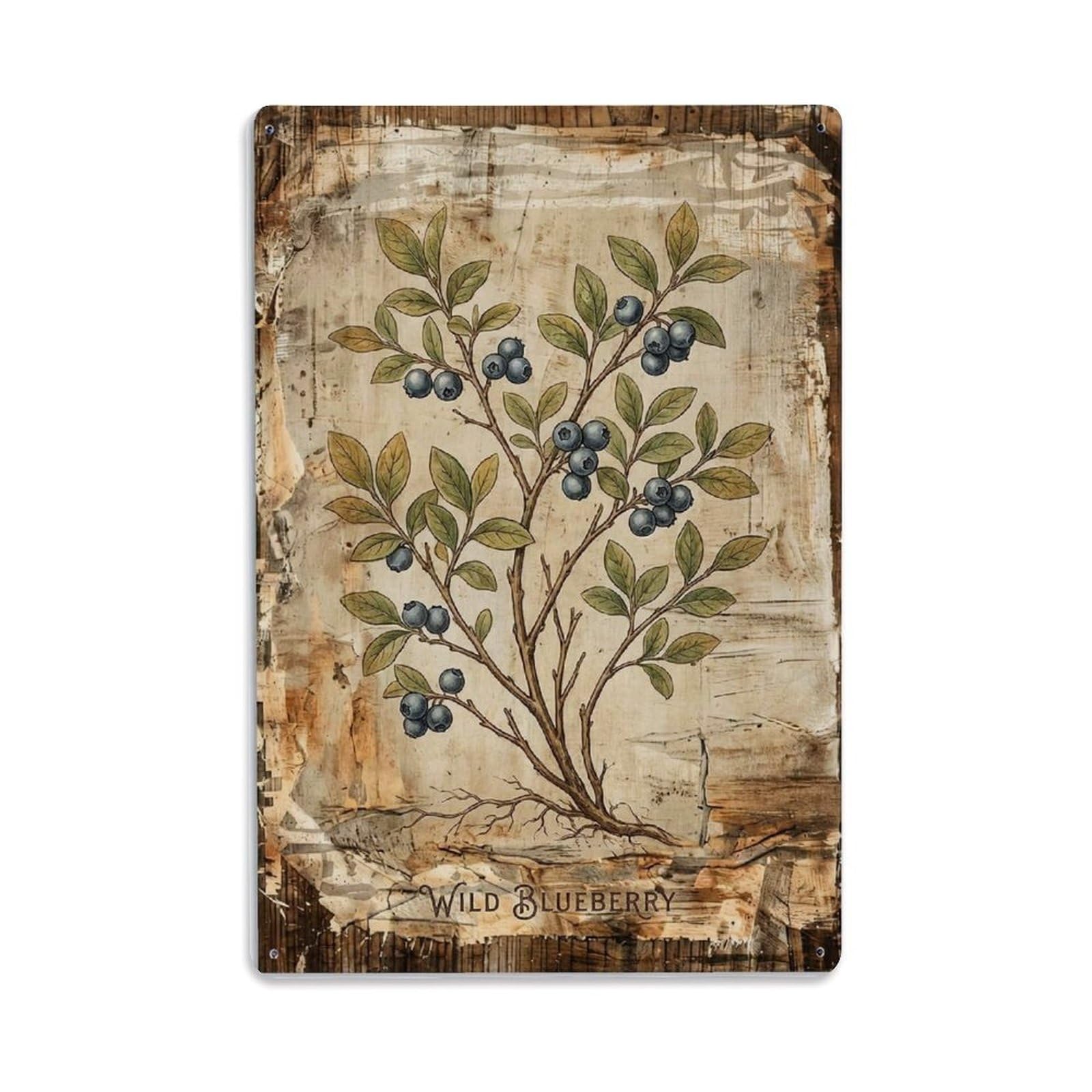 Wild Blueberry Botanical Vintage Metal Tin Sign Plaque Wall Decor for Cafe, Club, Garden Metal Poster 8x12Inch