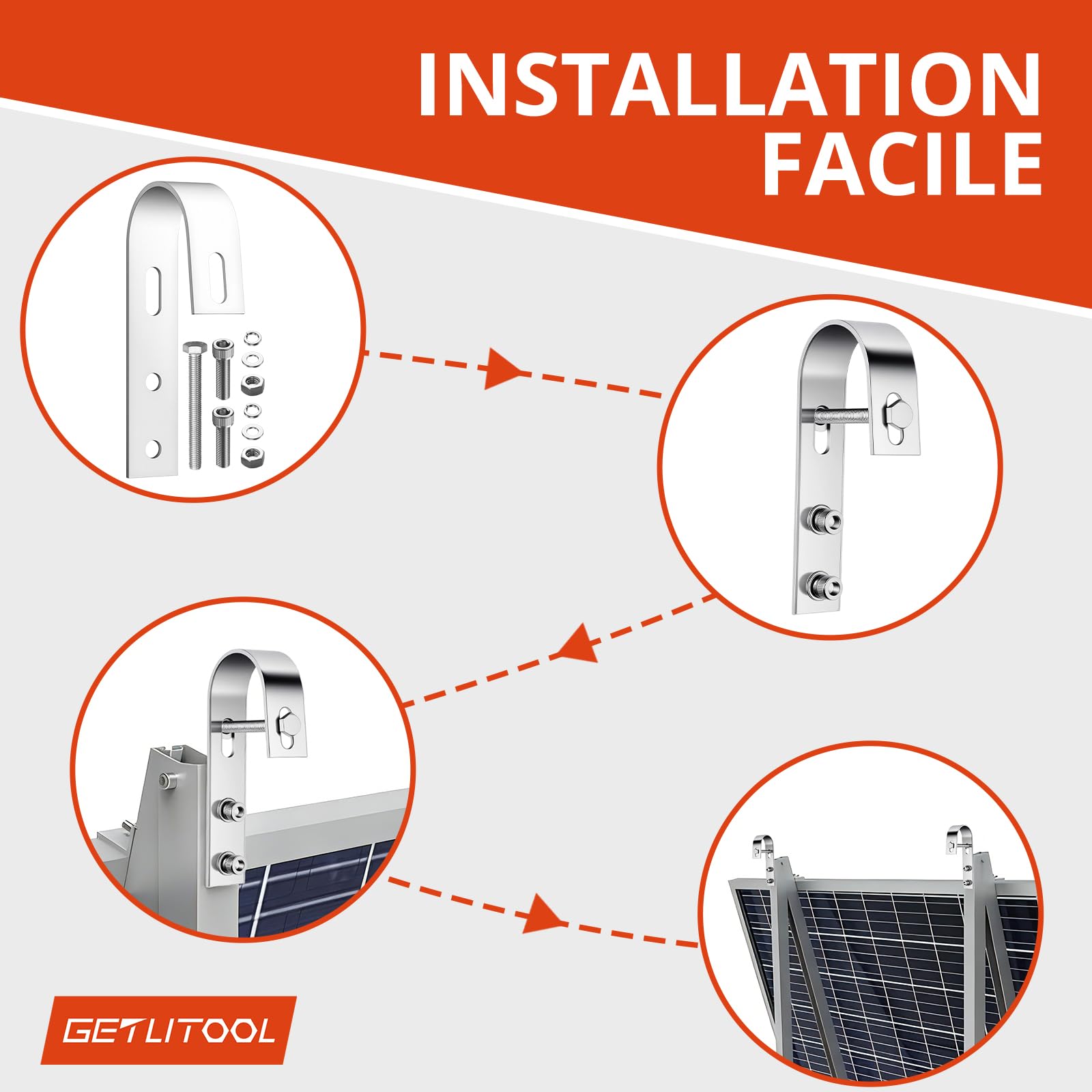 GETLITOOL 4PCS Crochets Balcon Solaire Inox 304 Fixation Panneau Solaire sans Perçage,Crochets de Fixation pour Balcon/Toit/Garage,Crochets de Montage de Panneaux Solairesrobustes