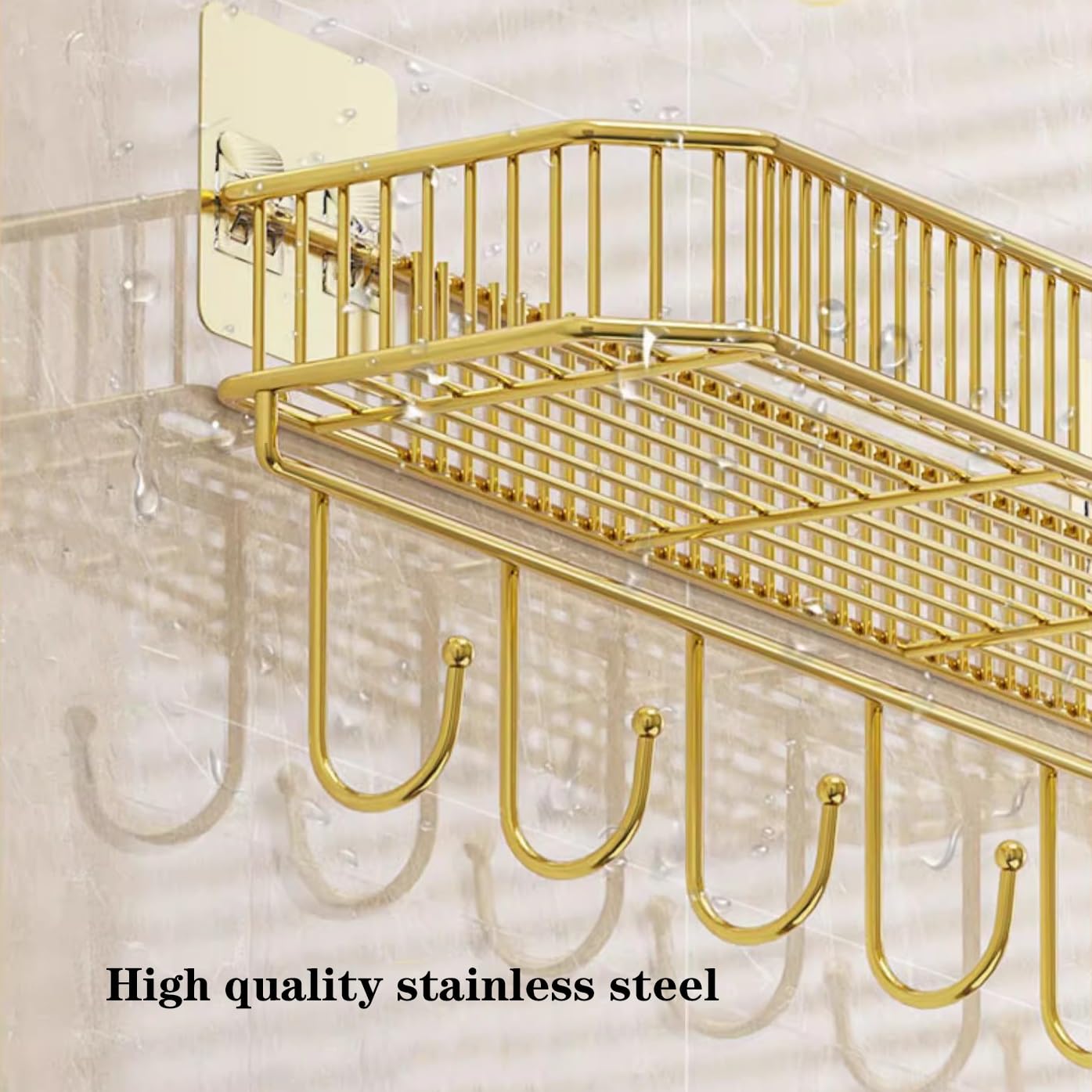Mensola Doccia Mensola portaoggetti da Parete con 5 Ganci, mensole galleggianti in Acciaio Inox for Bagno e Cucina, salvaspazio, Senza Fori, Oro/Nero Mensole Bagno(Gold,M)
