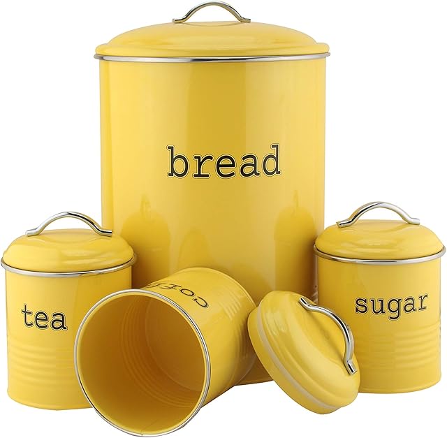 EHC Set of 4 Round Tea, Coffee & Sugar With Bread Bin Storage Canisters Jars, Custard