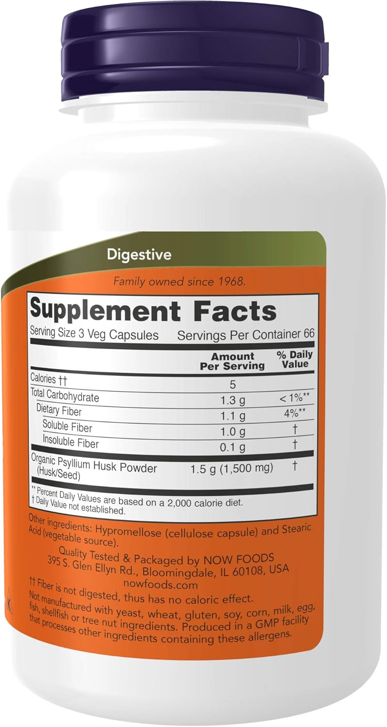 Now Supplements Psyllium Husk Caps 500 mg, Non-GMO Project Verified, Natural Soluble Fiber, Intestinal Health, 200 Veg Capsules : Everything Else