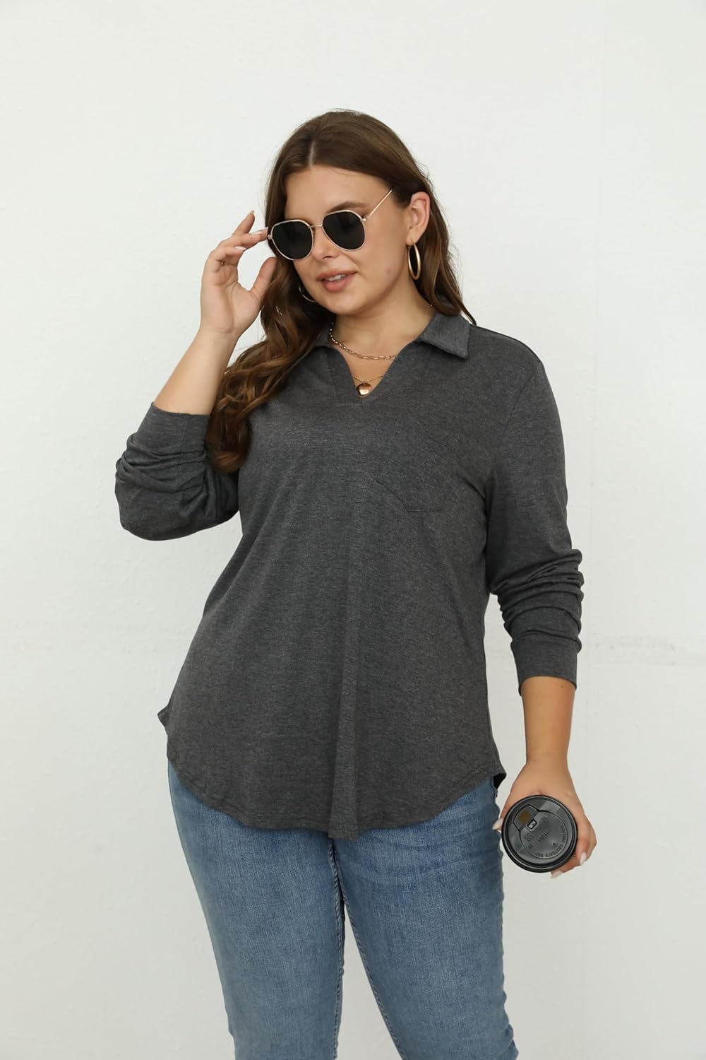 Women Plus Size Long Sleeve Collared V Neck Shirts Business Casual Work Tops Dressy Loose Tunic Blouses 1X-5X - Image 5