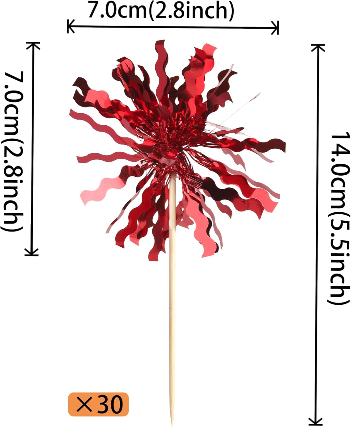 Rsstarxi 30 Pack Red Foil Firework Birthday Cupcake Toppers Red Sparkle Tinsel Drink Cake Decorations Cocktail Food Toothpicks for Christmas New Years Eve Birthday Wedding Graduation Party Decorations - Image 2