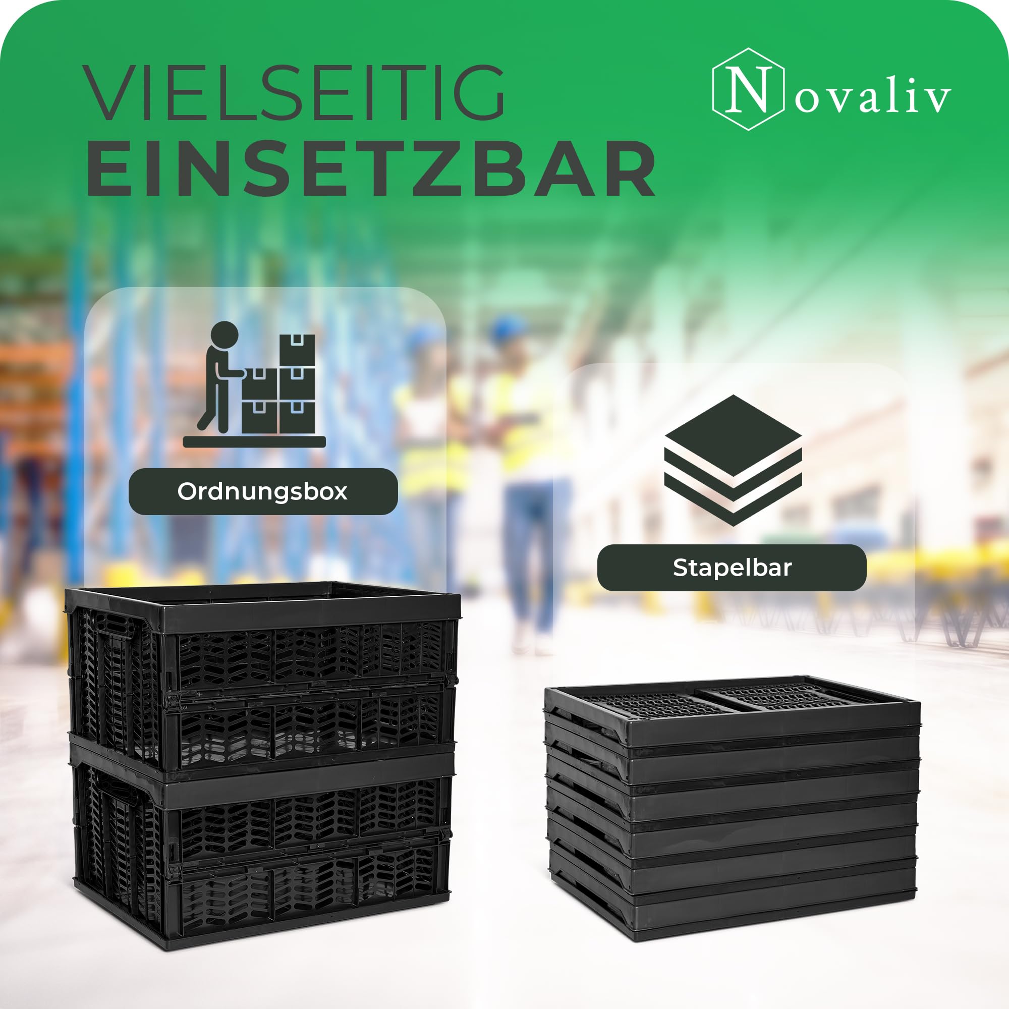 Novaliv Scatole pieghevoli stabili, 10 x 30 l, colore nero, nero, set di scatole per la spesa, cestino per la spesa