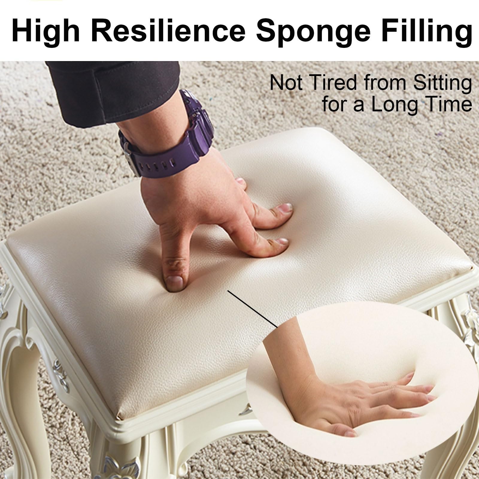 Taburete de maquillaje verde claro para mujer, silla cuadrada tapizada Vani moderna con patas de ABS duraderas, diseño de asiento elegante para dormitorio, sala de maquillaje y tocador