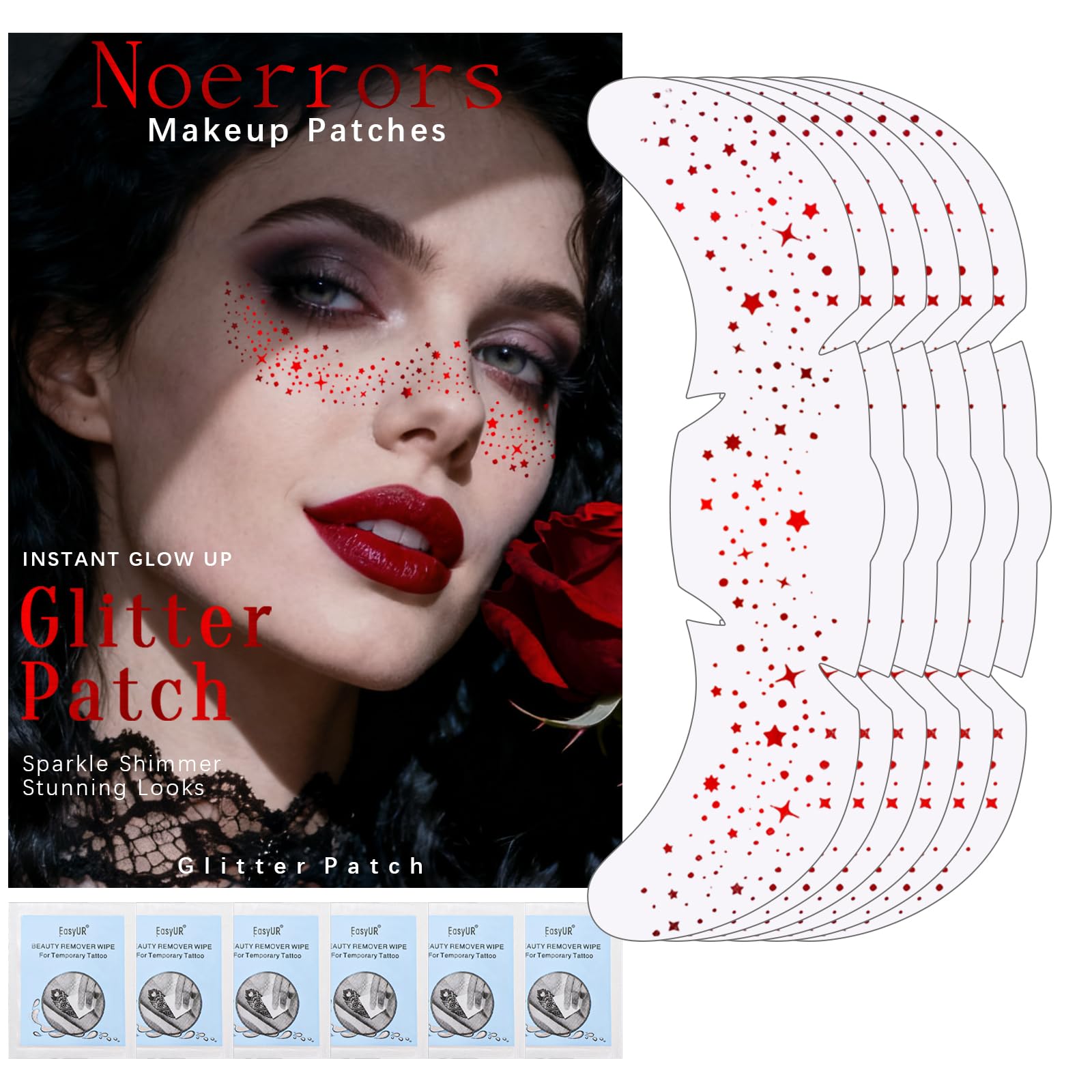 Noerrors 6pcs Glitter Freckles Face Tattoo, Red Sparkle Face Glitter Speckles Patches