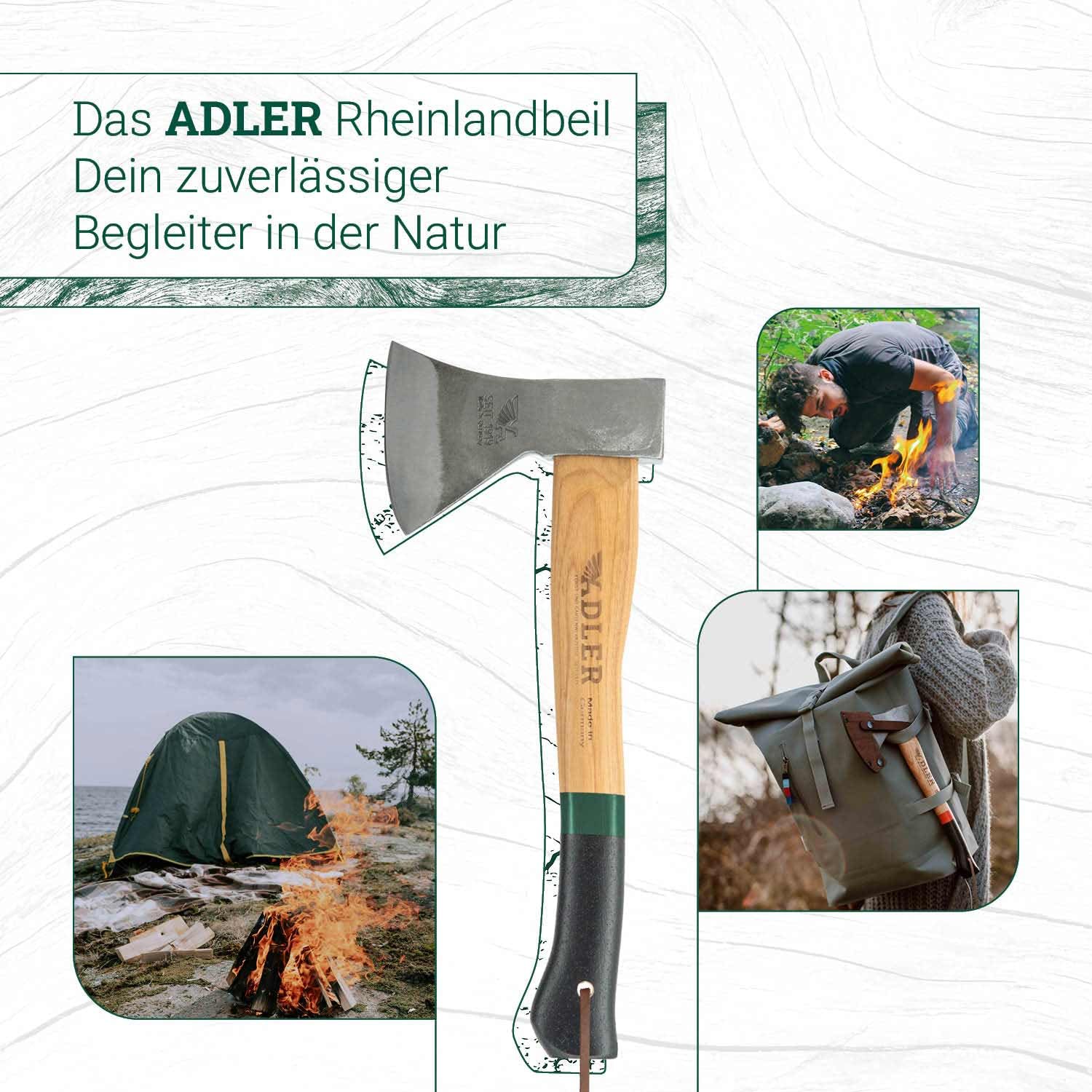 ADLER Beil 600 g, Holzaxt mit 36cm langem ergonomischem Hickory-Stiel, Rutschfester Griff, C60 Stahl Carbon Klinge inklusive Lederschutz/Camping/Forst Garten & Wald/rot, schwarz (Rot/Schwarz) | Geschmiedeter Kopf mit doppelter Sicherheitsverkeilung und Le