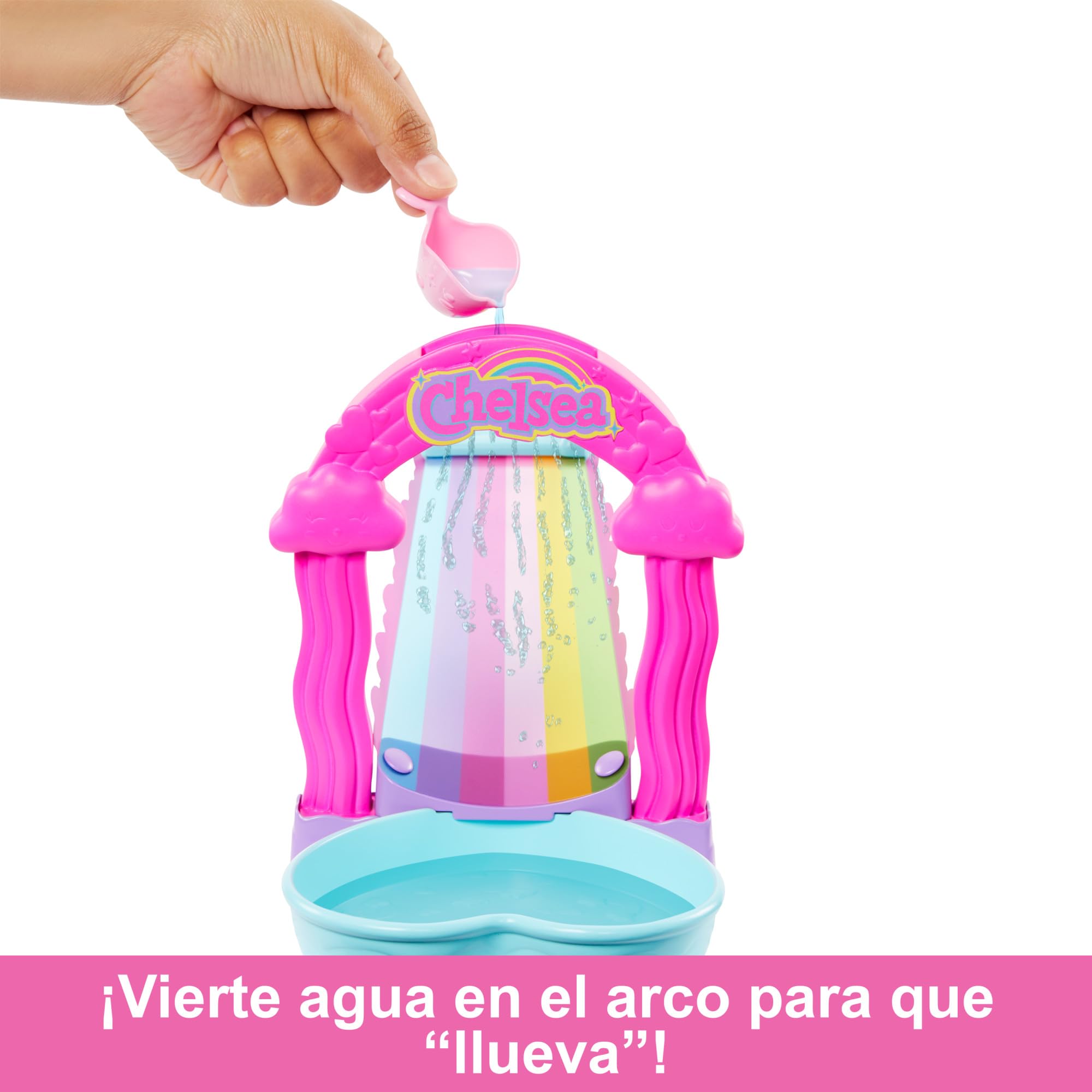 Barbie Chelsea Parque acuático tobogán arcoíris Muñeca con Set de Juego de Agua y Accesorios, Juguete +3 años (Mattel HTK39)