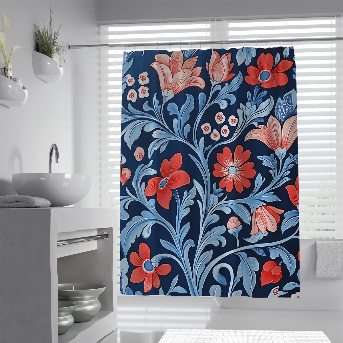 OLLIAR Home Navy Blue Floral Shower Curtain 180x180 Vintage Flowers Farmhouse Rustic Boho Leaves Plants Countryside Rural Bathroom Curtain Set Bathroom Decor