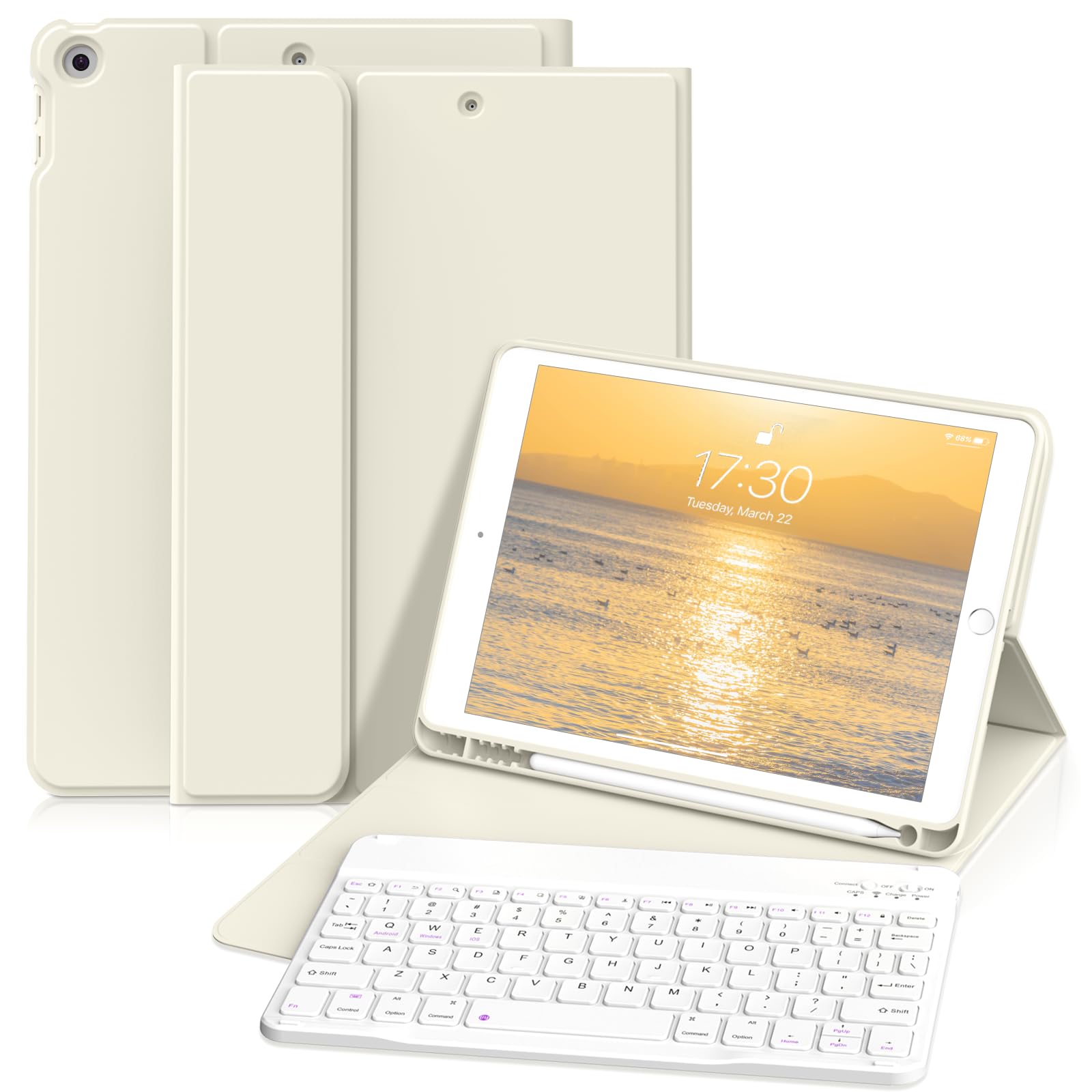 zoyu Tastatur Hülle für iPad 9. Generation / 8. Generation / 7.Generation 10,2 Zoll, Magnetisch Abnehmbarer Bluetooth-Tastatur mit Weiche TPU Rückseite Schutzhülle für iPad 9/8/7, Cremeweiß