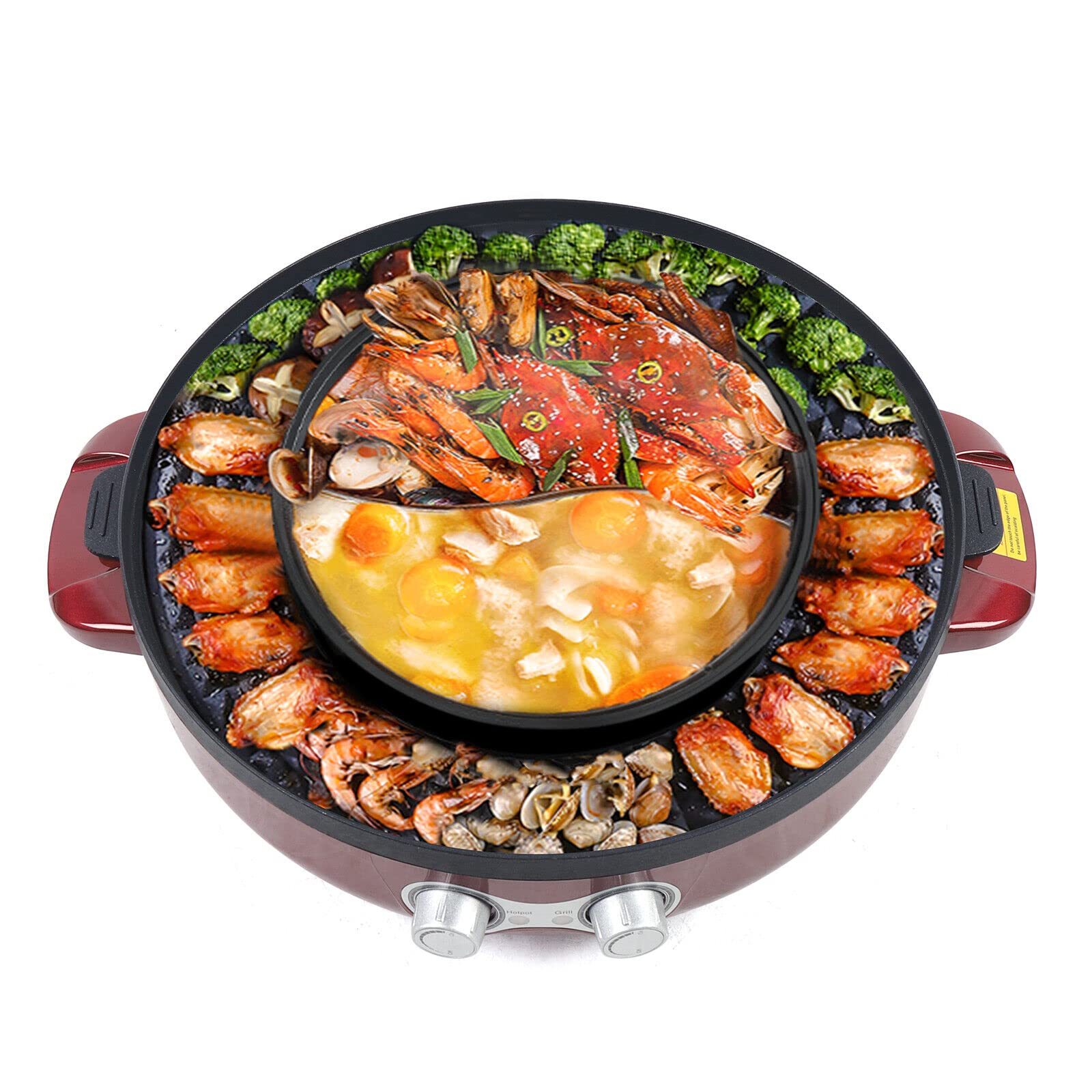 DOONARCES 2-in-1 Electric BBQ Grill Hot Pot Round Electric Grill with Soup Shabu Pot Indoor Smokeless Barbecue Grill with Independent Temp. Control for 2-5 People 110V 2.2KW, Red