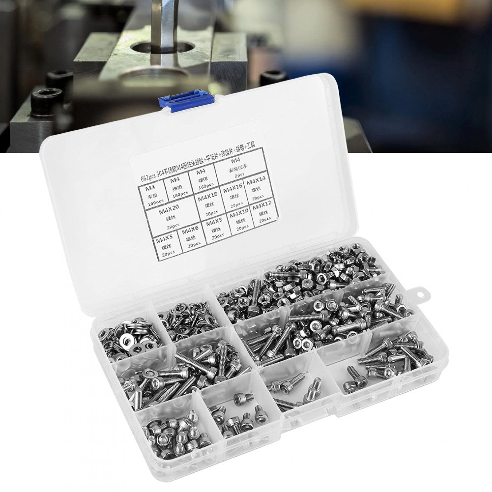 Innensechskant, 662-teiliges M4-Schraubenset, 304 Edelstahl, Zylinderkopfschraube + flache/elastische Unterlegscheibe + Mutter für elektrische Verbindungen im Haushalt.