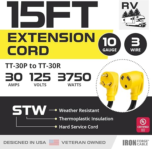 Miniatura 7 de Iron Forge Cable Cable de extensión RV de 30 amperios de 15 pies - 103 STW TT-30P a NEMA L5-30R 125v Cable de alimentación RV