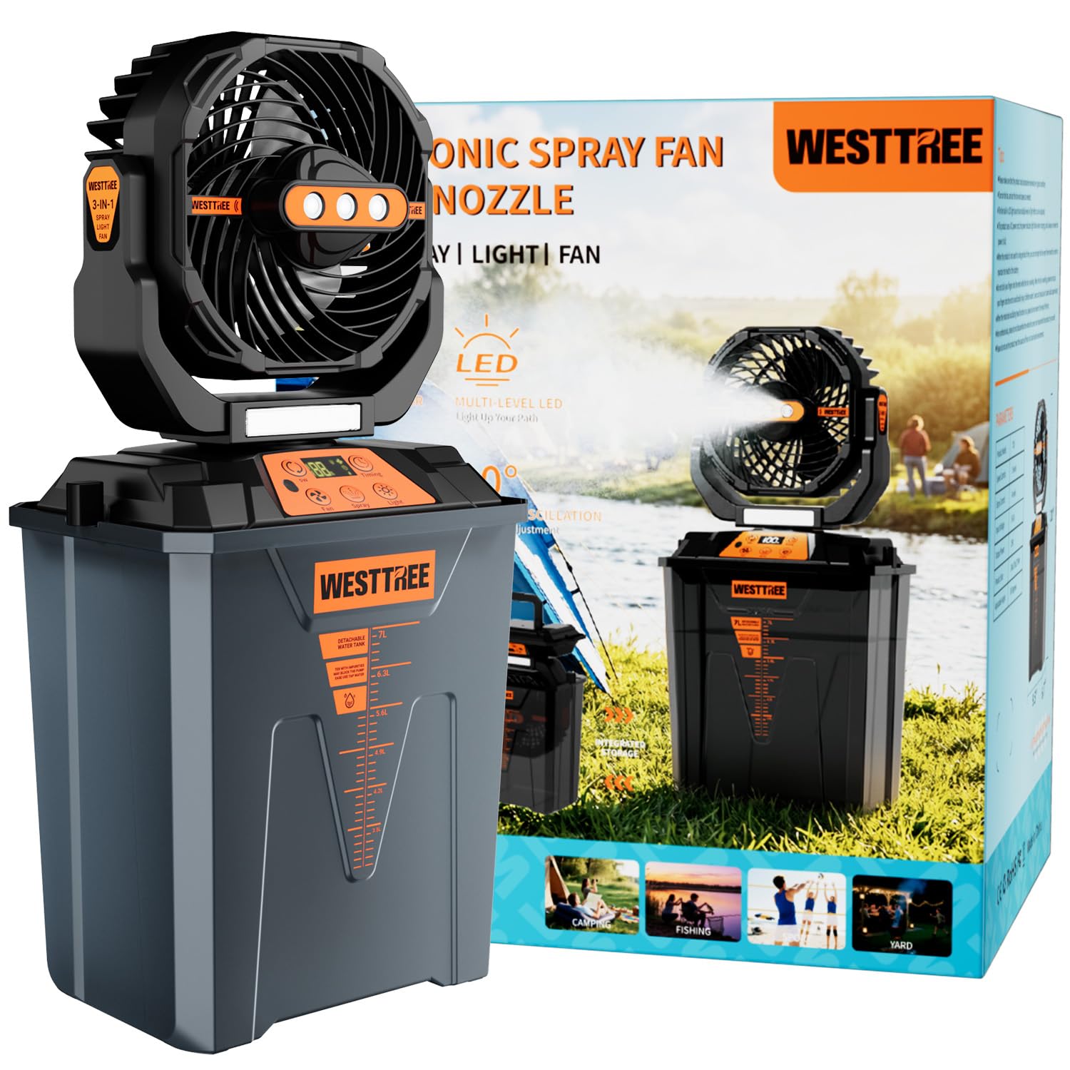 WESTTREE Ventilatore nebulizzatore portatile, grande ventilatore a nebbia ricaricabile alimentato a batteria, lunga durata, design con 3 ugelli, ventilatore portatile per casa, patio, campeggio